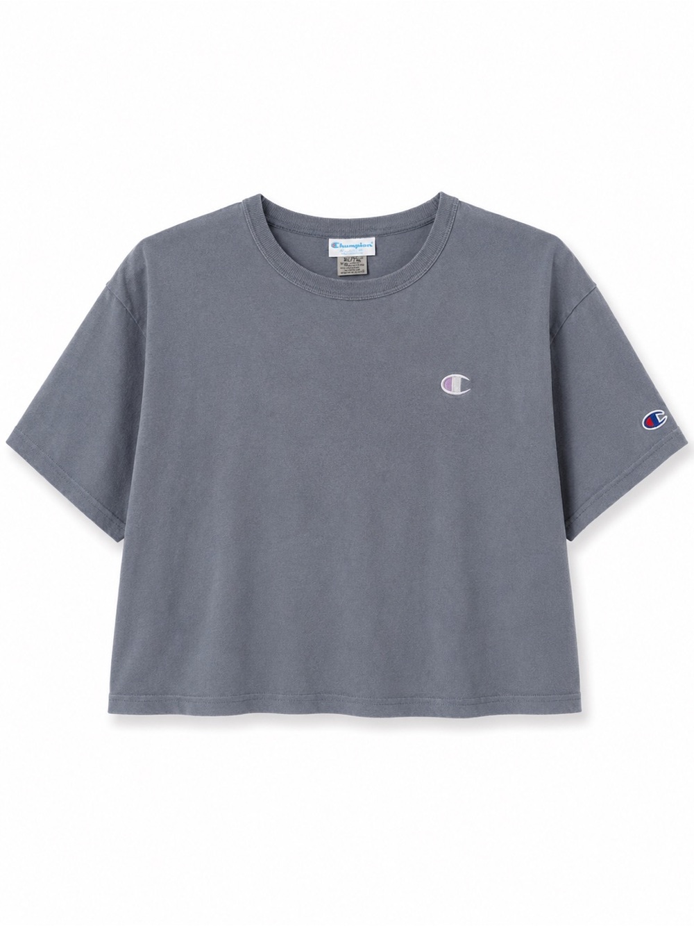 Champion Crewneck Tee in Blue/Grey with Logo Tag